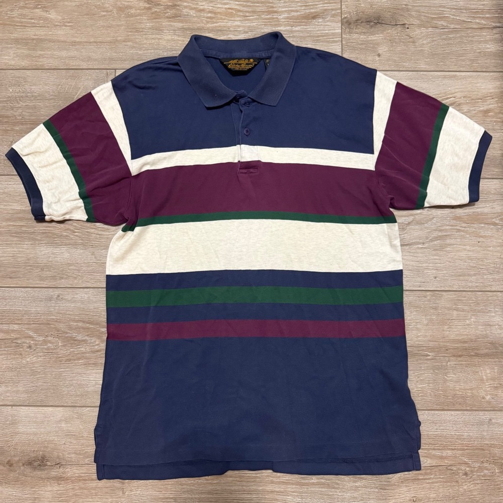 Vintage 90s Eddie Bauer Striped Polo Shirt Mens Medium Navy Burgundy Cotton y2k